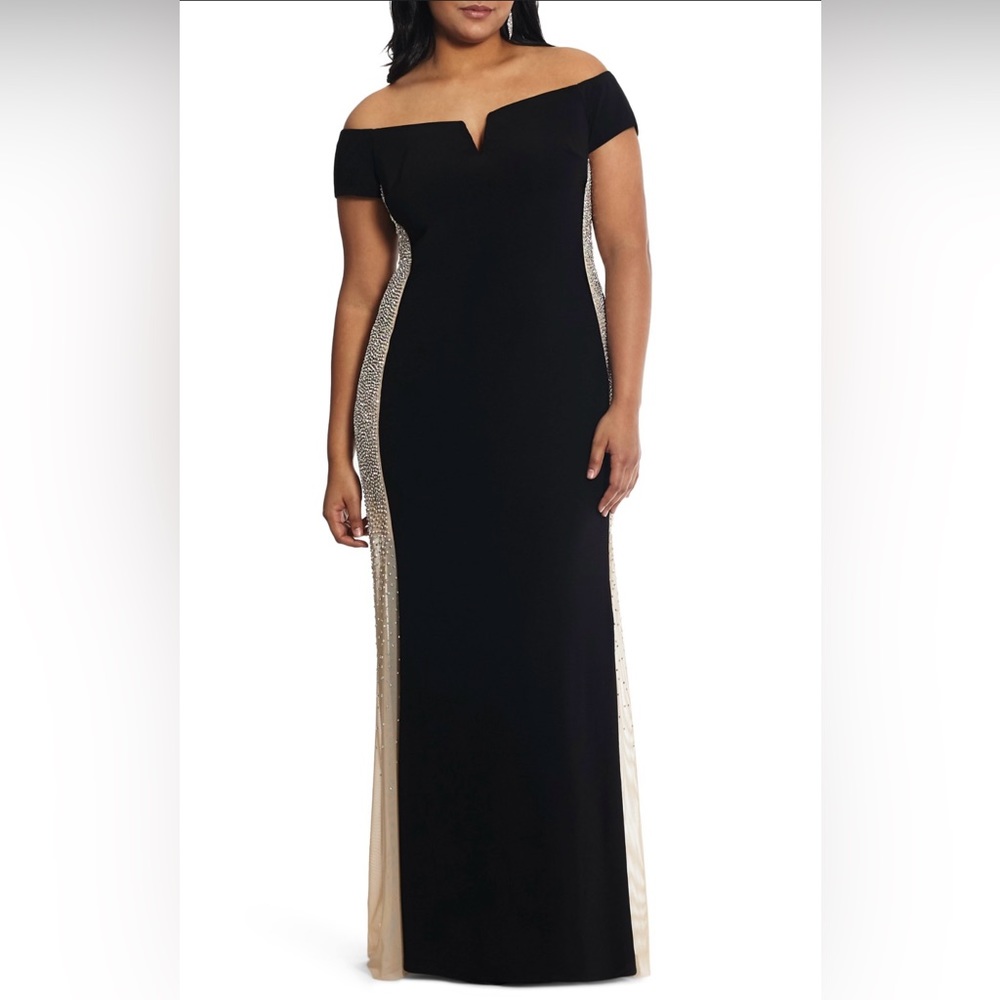 Xscape black floor length off the shoulder dress